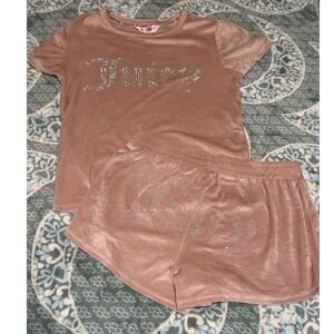 SOLD Juicy Couture Velour Pajama Set Medium Pink Rhinestone Logo Tee and Shorts